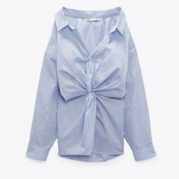 Zara Striped Button Up Shirt Off Shoulder Knot Front size M - Picture 1 of 6